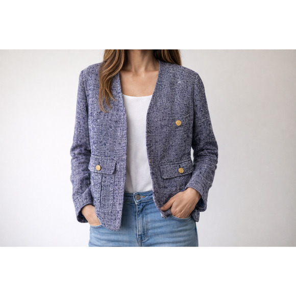 CHANEL Jackets & Blazers - Viscose Tweed Jacket - Navy & White - 42